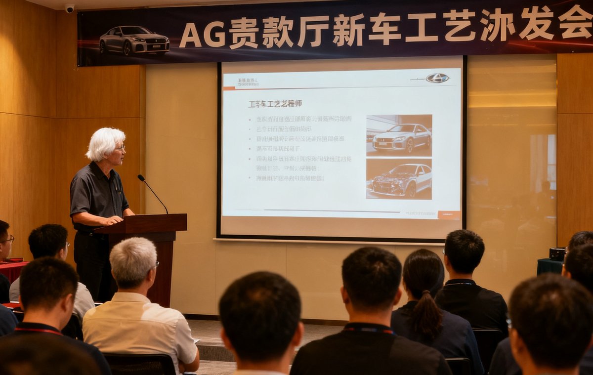 AG贵宾厅新车工艺沙龙活动现场照片，一位白发工程师站在讲台上对着PPT讲解，台下二十余位会员专注聆听，氛围轻松而专业。