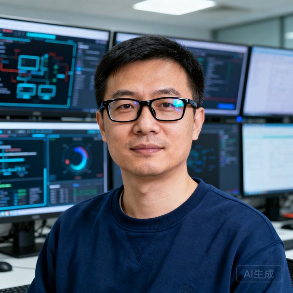 AG贵宾厅集团技术总监周明远先生，三十五岁，戴黑框眼镜，身着深蓝色卫衣，背景为技术研发中心的多屏工作站。